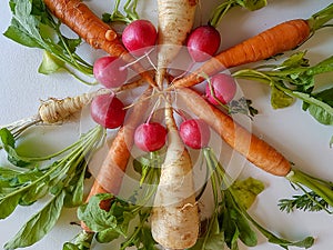 Fresh mixed vegetables healthy foods carrots kohlrabi,