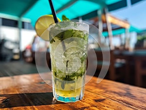 Fresh Mohito cocktail on the wooden table served in beach bar on summer day. Generative AI
