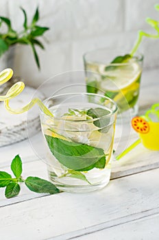 Fresh mojito drinks in bottles and ingredients - lemon and mint photo