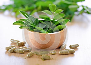 Fresh Moringa leaves and capsules Herbs for health