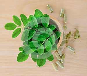 Fresh Moringa leaves and capsules Herbs for health