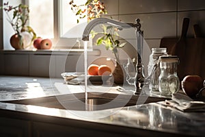Fresh Morning Scene With Water Flowing From A Kitchen Faucet
