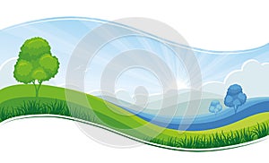 Fresh morning summer or spring landscape, green meadow, blue sky - vector background