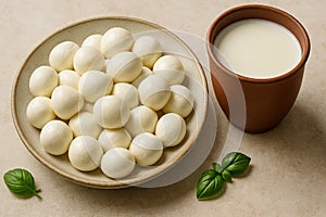 Fresh Mozzarella Cheese Balls with Milk and Basil Leaves on Light Background.