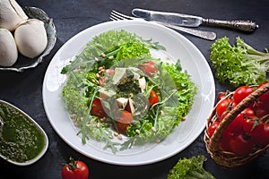Fresh mozzarella salad with lettuce and arugula leaves, pesto sauce, fresh cherry tomatoes and cedar nuts, on dark slate table