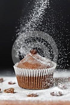 Fresh muffin sprinkled with powdered sugar on a wooden board