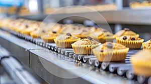 Fresh muffins on industrial conveyor belt in bakery. Production food line