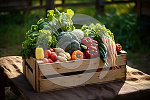 Fresh multi-colored vegetables in wooden crate.