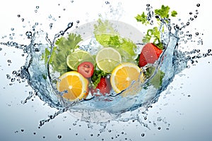 Fresh multi fruits and healthy vegetables food diet freshness and cocktail drinks, summer beverage concept with ice water drop