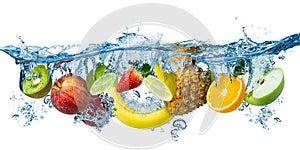 Fresh multi fruits splashing into blue clear water splash healthy food diet freshness concept isolated white background