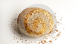 Fresh Multigrain Artisan round Bread or bun with sesame and flax seeds Isolated on White Background. Flat lay. Food