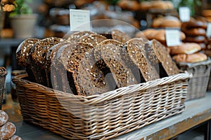 Fresh Multigrain Bread Loaves in Wicker Basket at Bakery