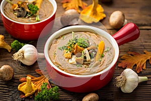 Fresh mushroom cream soup on wooden background