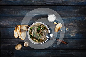 Fresh mushroom soup with green onion sour cream and bread crisps. In white bowl dishe. Colored wooden background, spoon