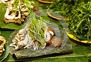 Fresh mushrooms on market stall for sale in Chiang Mai local market, Thailand,