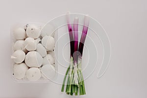 Fresh mushrooms white champignons in plastic packaging and green onions shallots or scallions on white background.