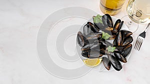 fresh mussels dish with copy space. High quality photo