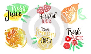 Fresh Natural Juice Labels Set, Orange, Lemon, Pear Juice Bright Badges Hand Drawn Watercolor Vector Illustration