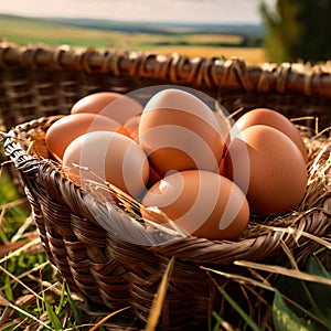 Fresh natural organic free range eggs in basket nest in outdoor farm environment