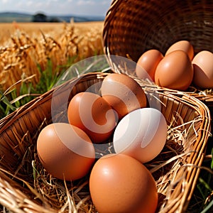 Fresh natural organic free range eggs in basket nest in outdoor farm environment