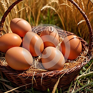 Fresh natural organic free range eggs in basket nest in outdoor farm environment