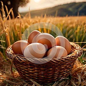 Fresh natural organic free range eggs in basket nest in outdoor farm environment