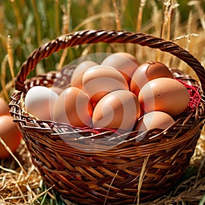 Fresh natural organic free range eggs in basket nest in outdoor farm environment