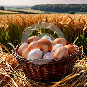 Fresh natural organic free range eggs in basket nest in outdoor farm environment