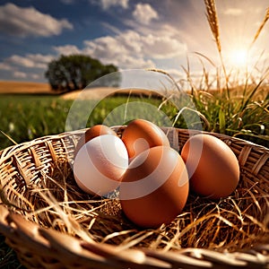 Fresh natural organic free range eggs in basket nest in outdoor farm environment