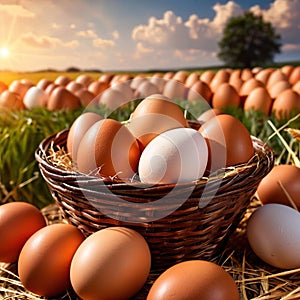 Fresh natural organic free range eggs in basket nest in outdoor farm environment