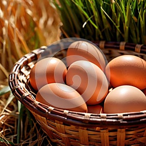 Fresh natural organic free range eggs in basket nest in outdoor farm environment