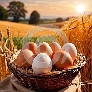 Fresh natural organic free range eggs in basket nest in outdoor farm environment