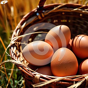 Fresh natural organic free range eggs in basket nest in outdoor farm environment