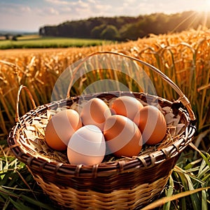 Fresh natural organic free range eggs in basket nest in outdoor farm environment