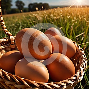 Fresh natural organic free range eggs in basket nest in outdoor farm environment