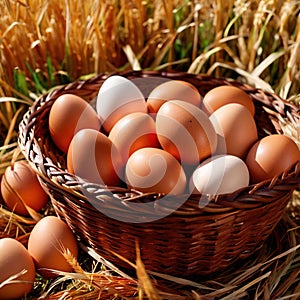 Fresh natural organic free range eggs in basket nest in outdoor farm environment