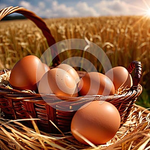 Fresh natural organic free range eggs in basket nest in outdoor farm environment