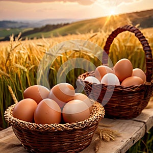 Fresh natural organic free range eggs in basket nest in outdoor farm environment