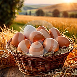 Fresh natural organic free range eggs in basket nest in outdoor farm environment