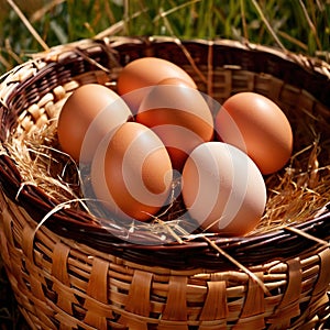 Fresh natural organic free range eggs in basket nest in outdoor farm environment