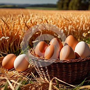 Fresh natural organic free range eggs in basket nest in outdoor farm environment