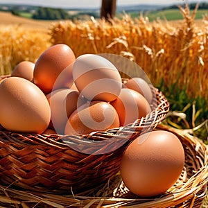 Fresh natural organic free range eggs in basket nest in outdoor farm environment