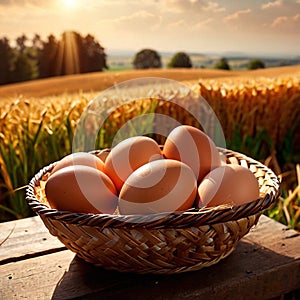 Fresh natural organic free range eggs in basket nest in outdoor farm environment