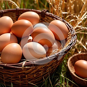 Fresh natural organic free range eggs in basket nest in outdoor farm environment