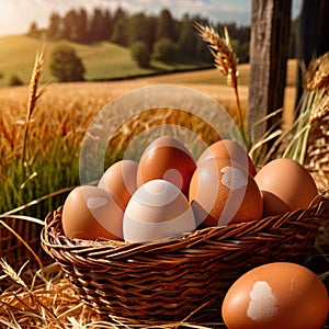 Fresh natural organic free range eggs in basket nest in outdoor farm environment