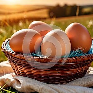 Fresh natural organic free range eggs in basket nest in outdoor farm environment