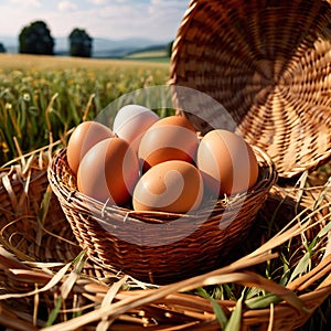 Fresh natural organic free range eggs in basket nest in outdoor farm environment