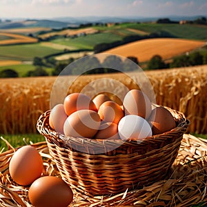 Fresh natural organic free range eggs in basket nest in outdoor farm environment