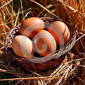 Fresh natural organic free range eggs in basket nest in outdoor farm environment