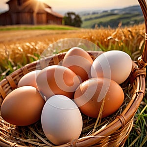 Fresh natural organic free range eggs in basket nest in outdoor farm environment